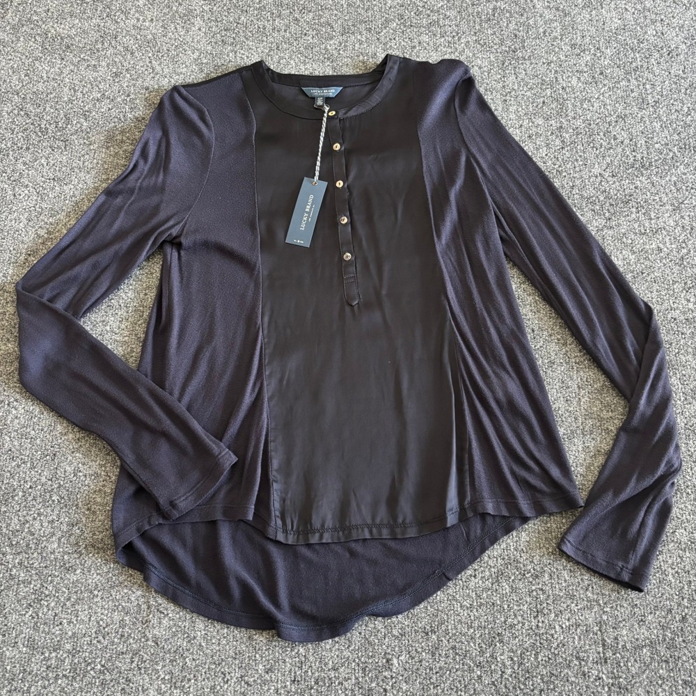 Lucky Brand Womens Navy Blue Mixed Media Henley Top 7W64275 Small NWT